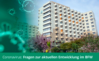 Das Gebäude des BFW-Frankfurt mit illustrierten Corona-Viren auf der linken Seite und dem Text "Coronavirus: Fragen zur aktuellen Entwicklung im BFW" am unteren Rand.
